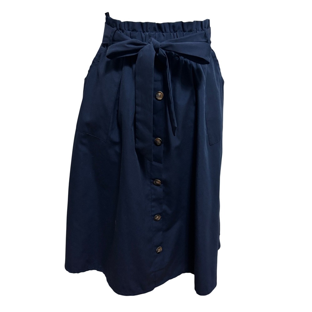 Paperbag Waist Button Front Midi Skirt Navy Pockets Tie Waist Casual Work 8/10 M